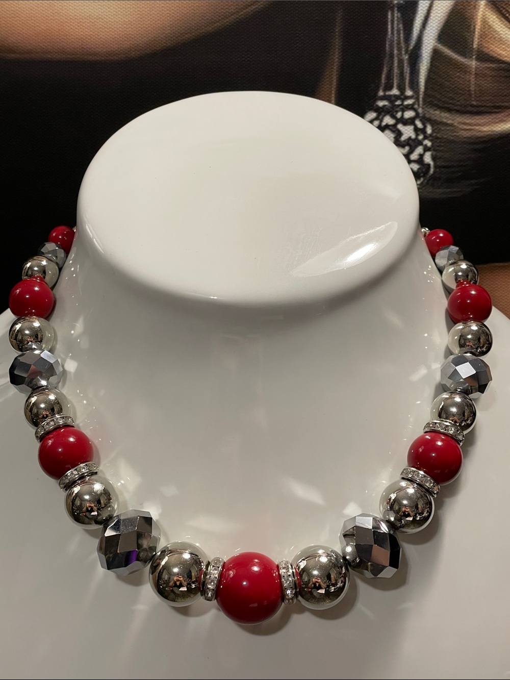 Red and Silver with Crystal Beaded Necklace